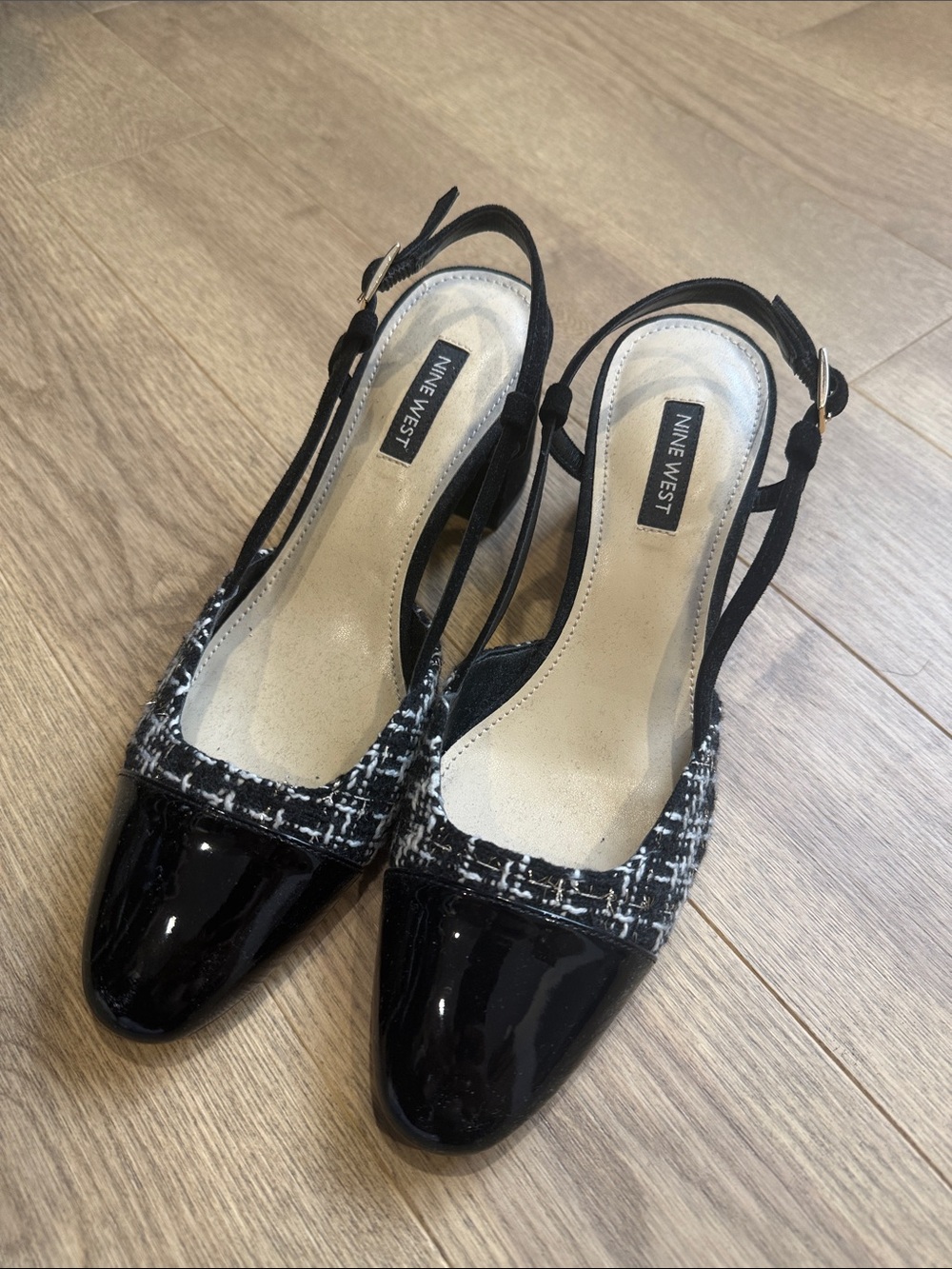 Nine West Black Patent and Black-White Tweed Slingback Heels